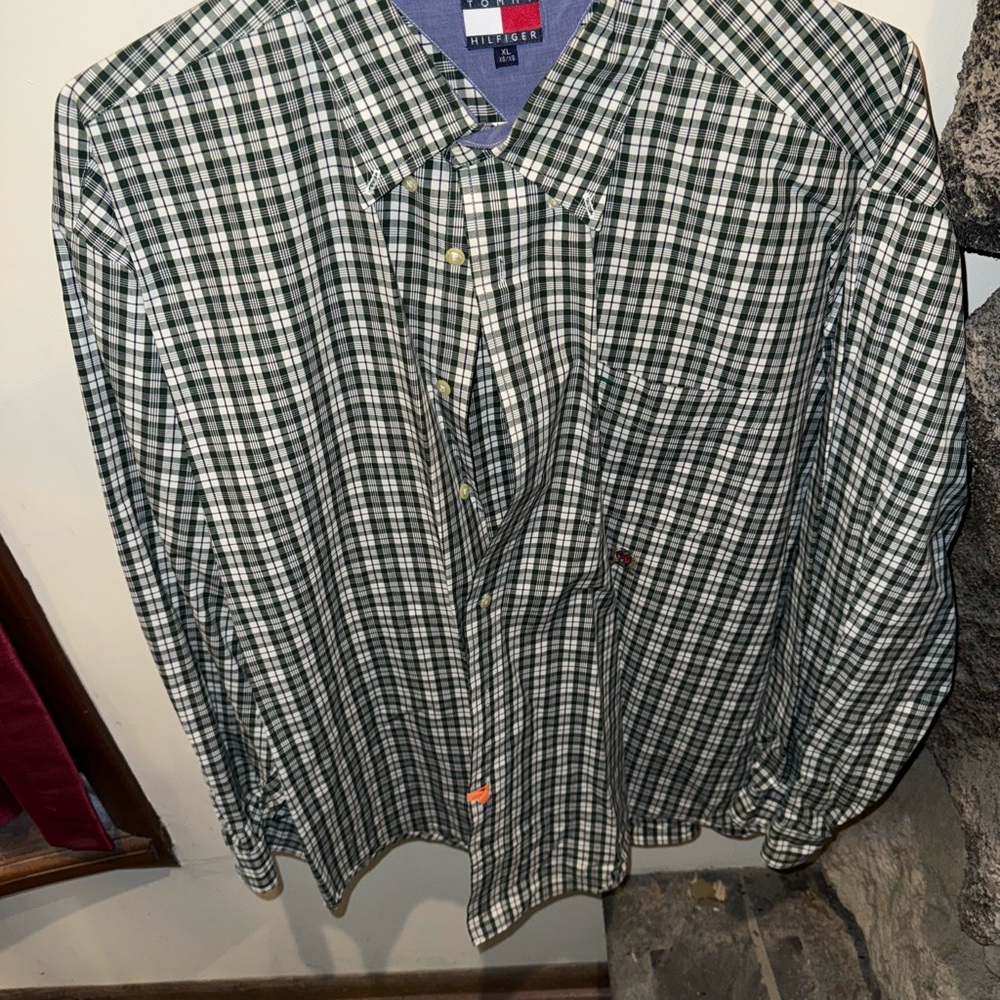 Tommy Hilfiger Green and White Plaid Shirt